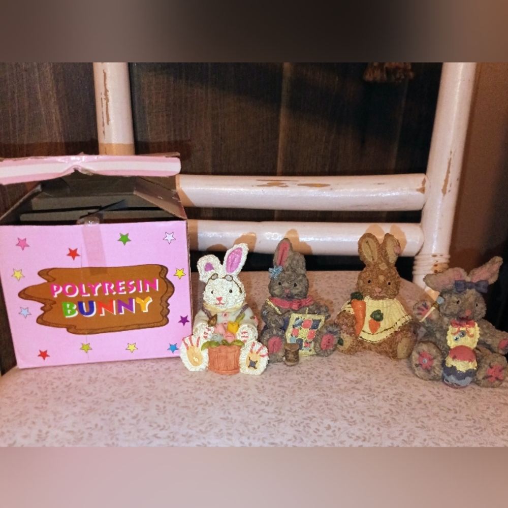 Easter Bunny Figurines Set of 4 Polyresin Rabbits Spring Decor w/ Box